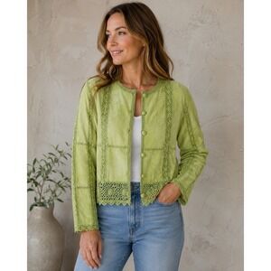 VTG SMH Boutique Suede Jacket Womens XL Lime Western Boho Patchwork Crochet